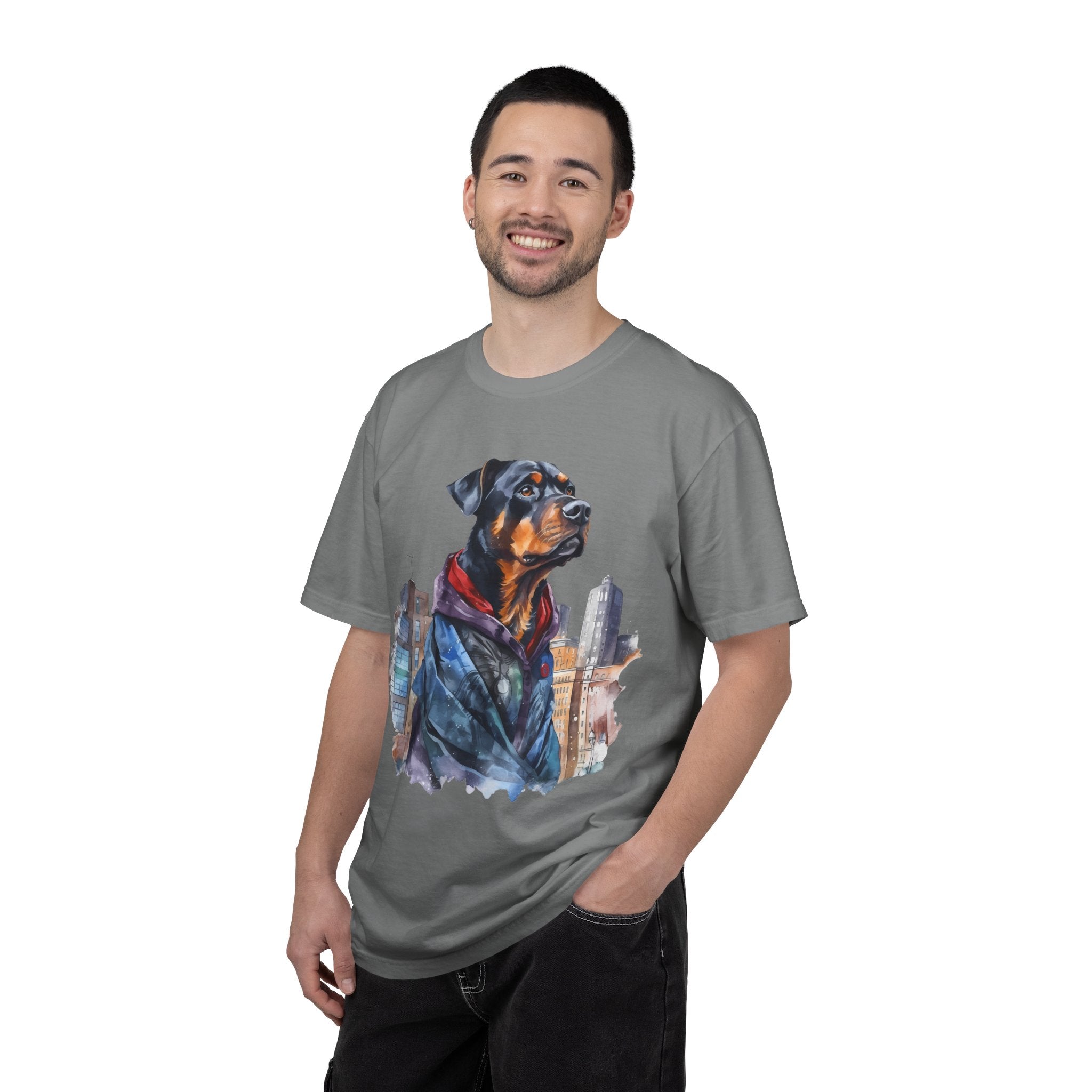 45 Tee - Urban Guardian Rottweiler Tee – Unisex Superhero Dog Graphic T-Shirt