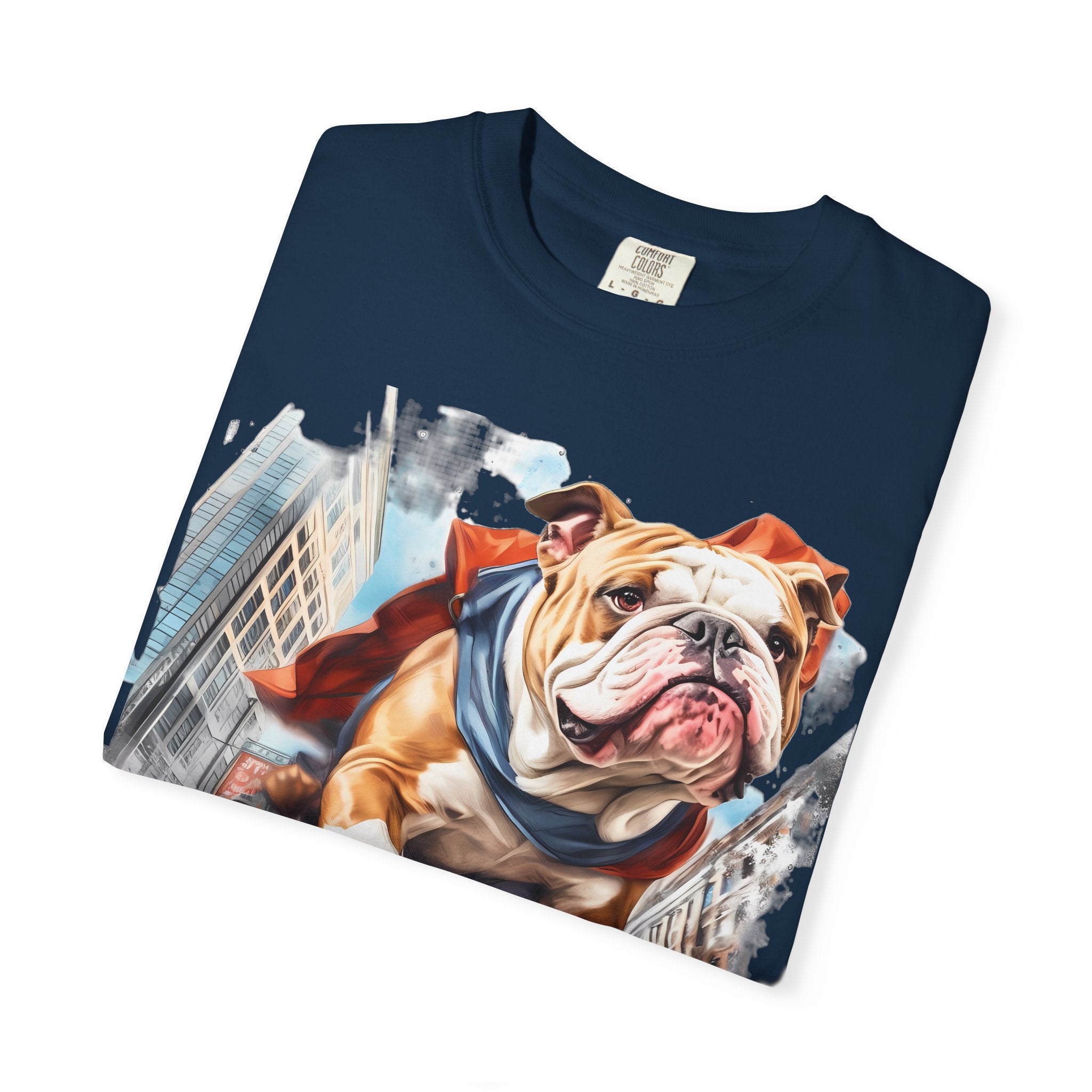 46 Tee - Superhero Bulldog Flying City T-Shirt