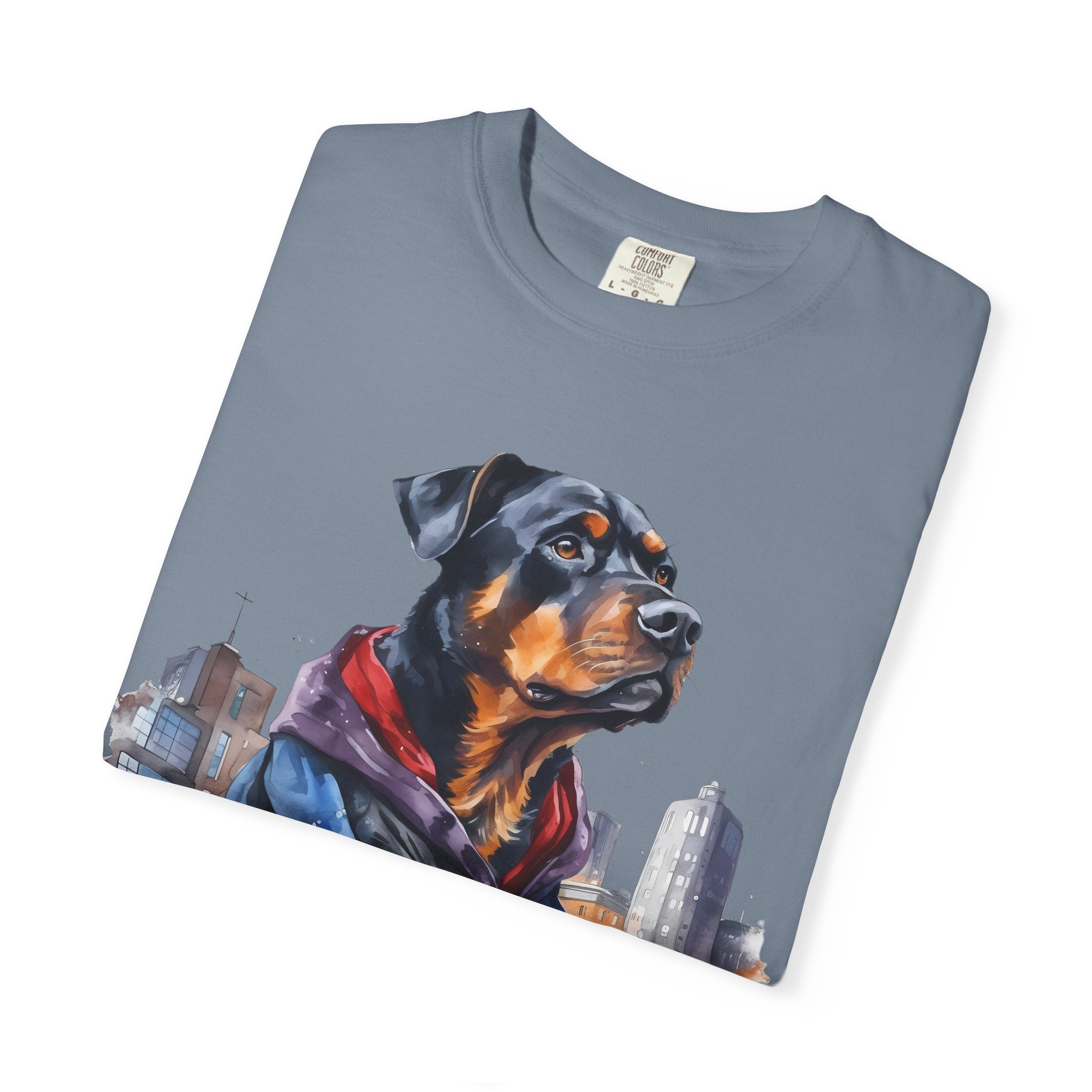 45 Tee - Urban Guardian Rottweiler Tee – Unisex Superhero Dog Graphic T-Shirt