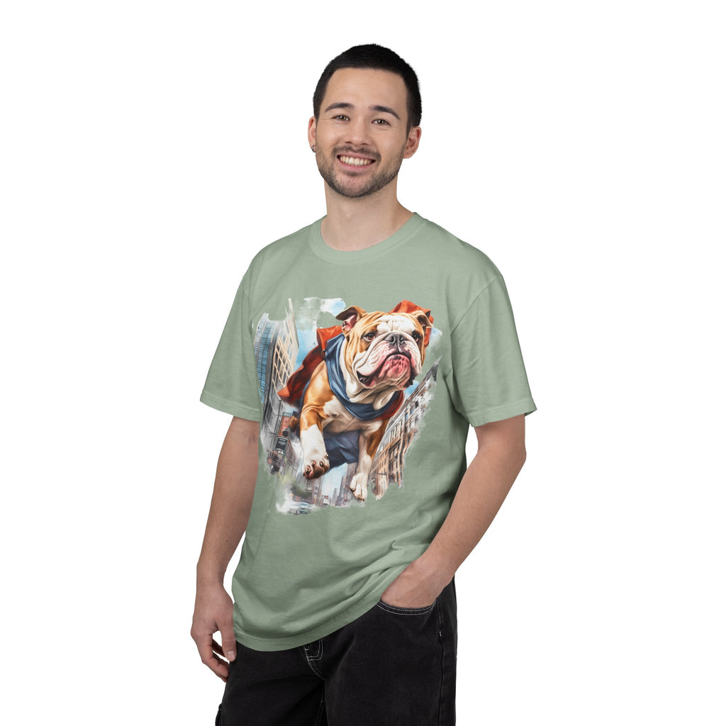 46 Tee - Superhero Bulldog Flying City T-Shirt
