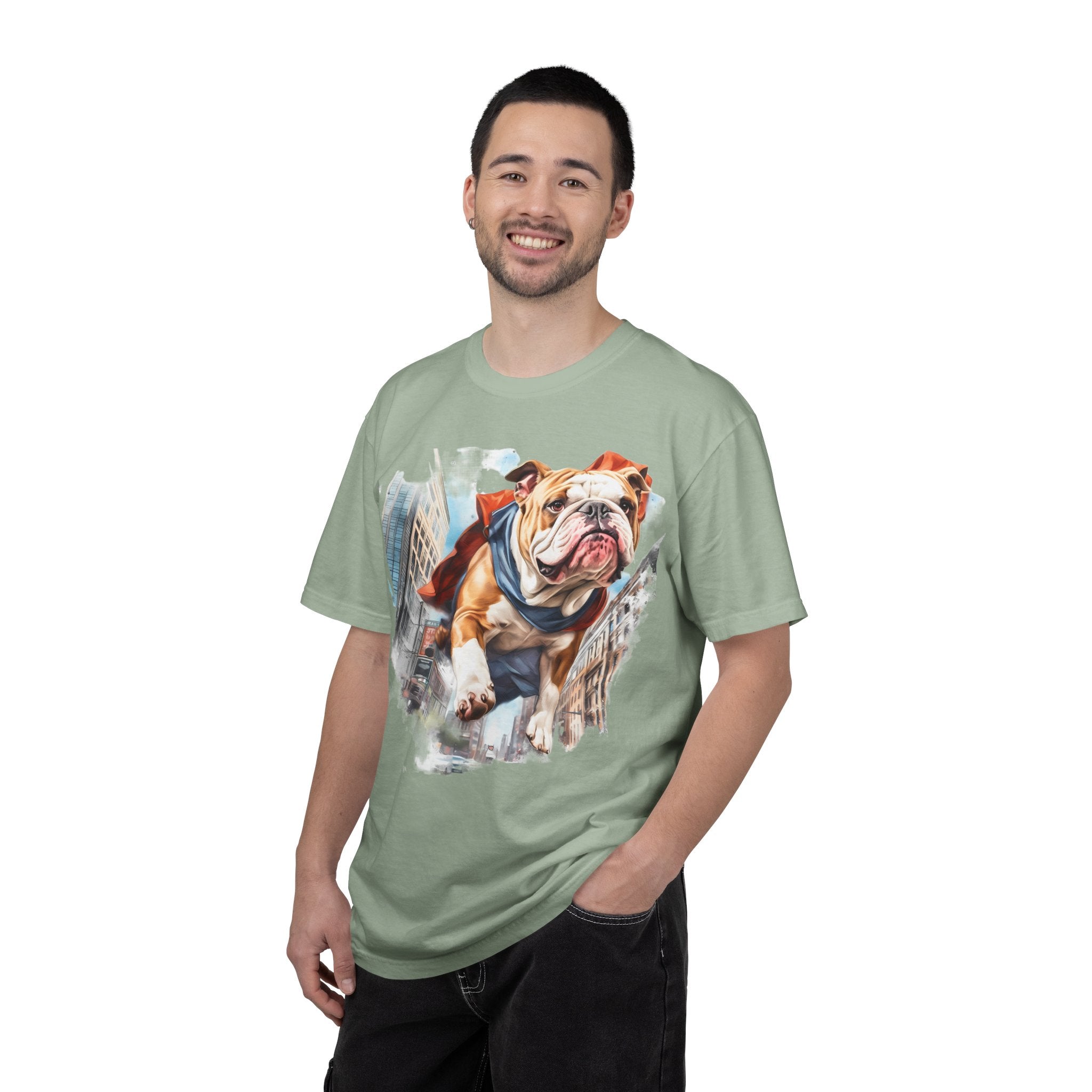 46 Tee - Superhero Bulldog Flying City T-Shirt