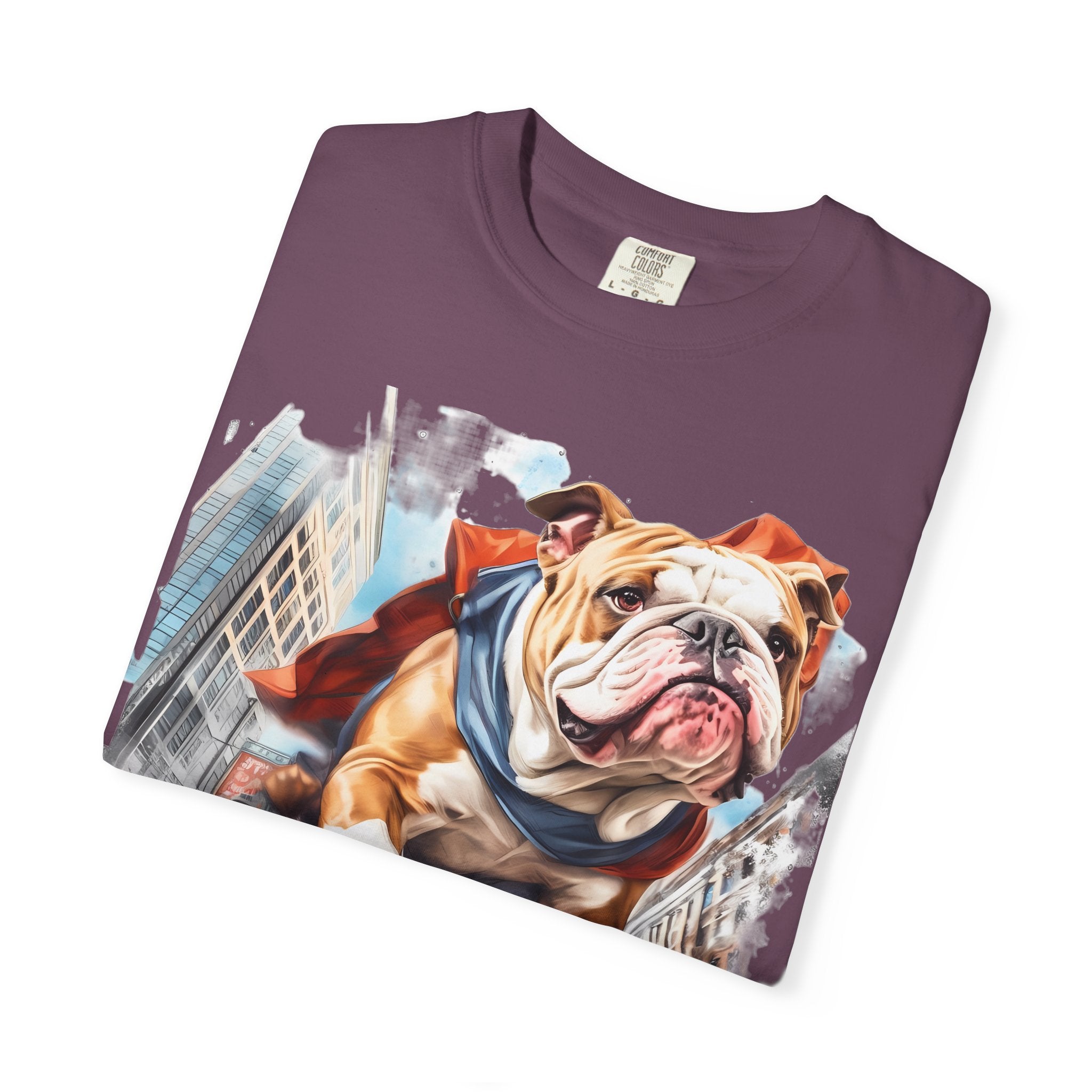 46 Tee - Superhero Bulldog Flying City T-Shirt