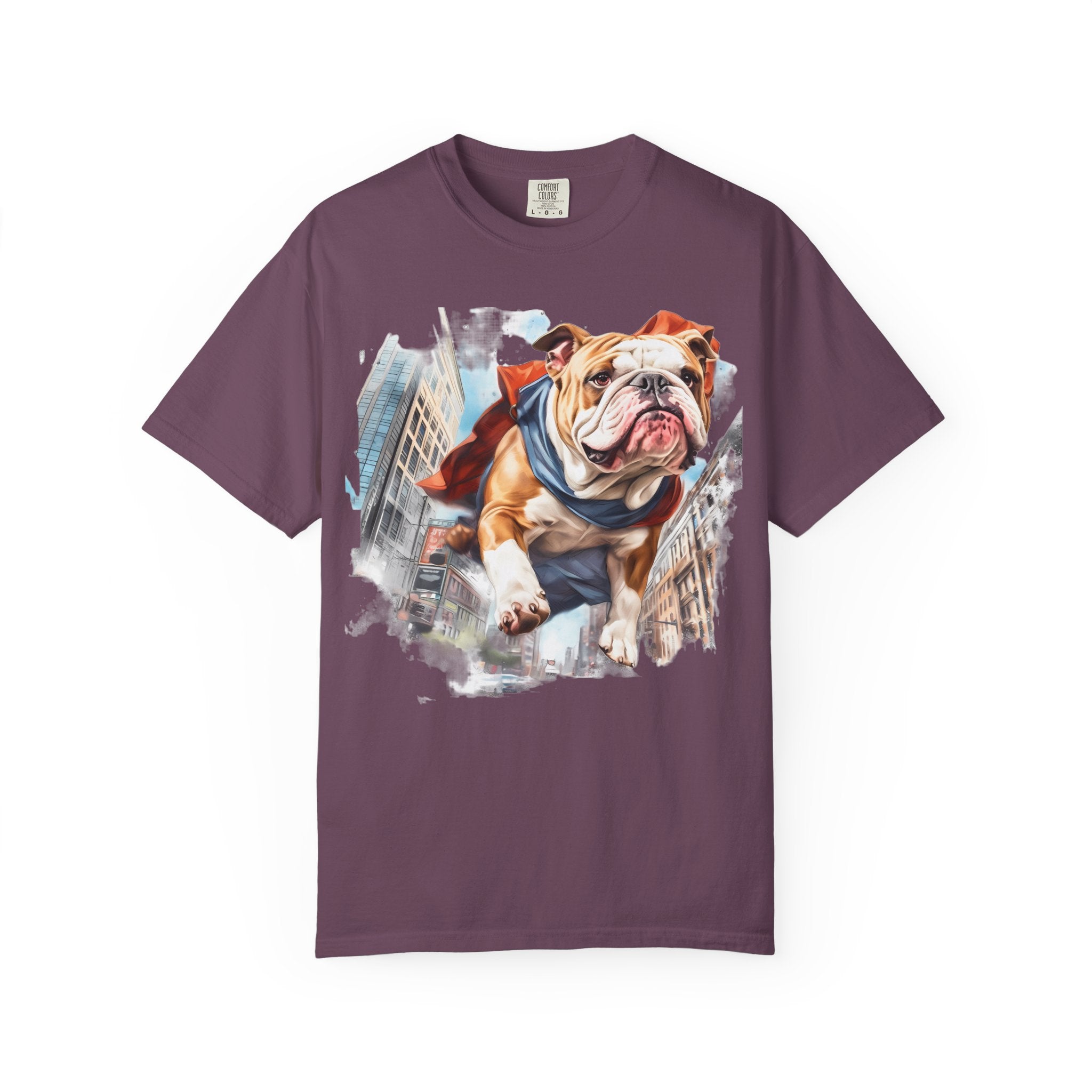 46 Tee - Superhero Bulldog Flying City T-Shirt