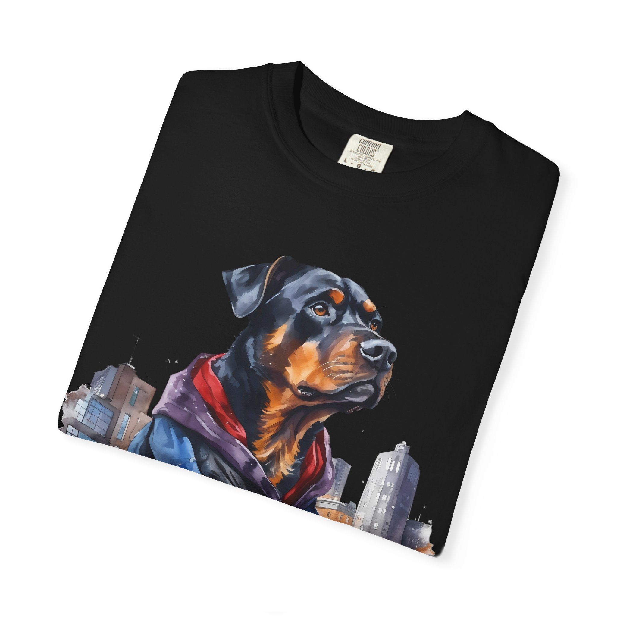 45 Tee - Urban Guardian Rottweiler Tee – Unisex Superhero Dog Graphic T-Shirt