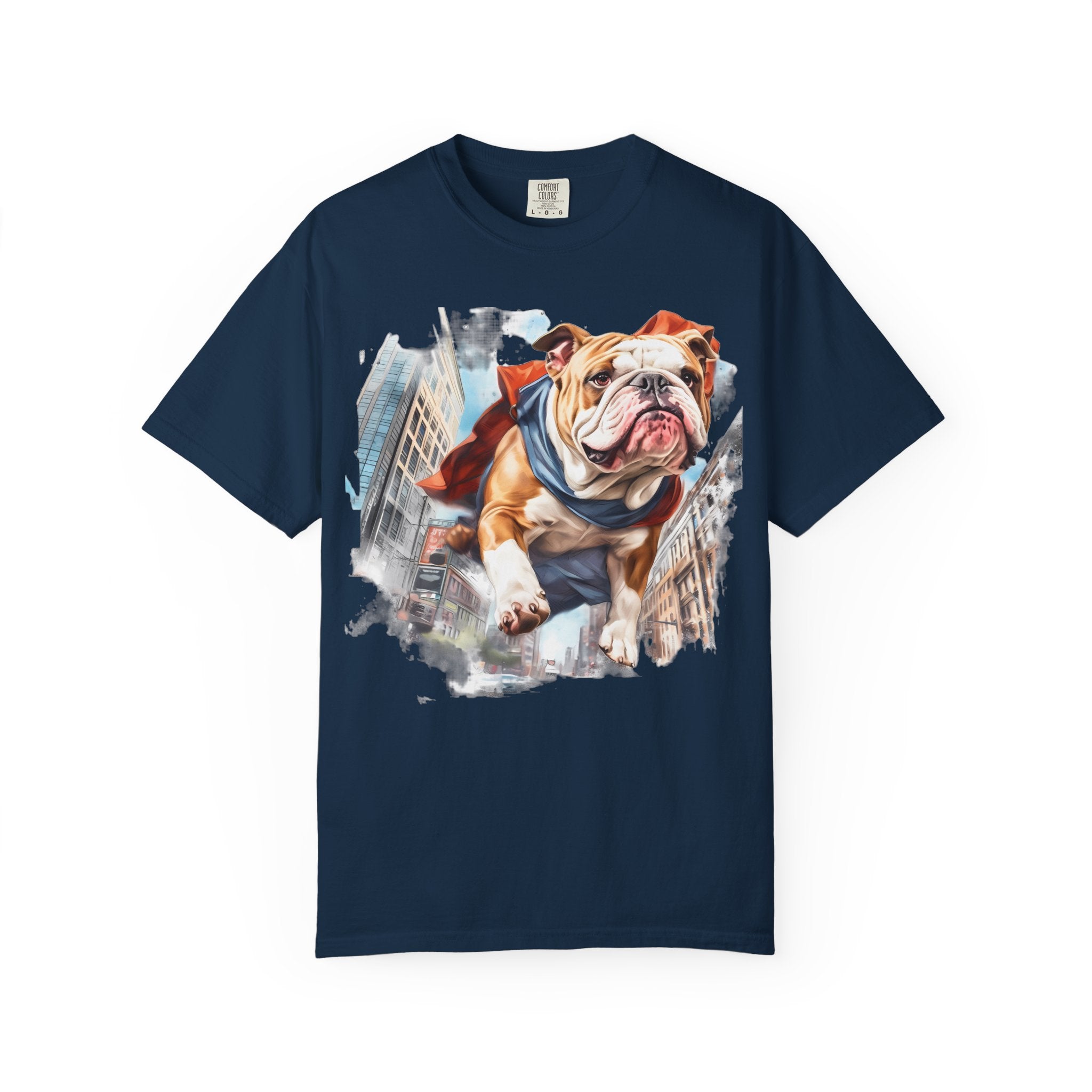 46 Tee - Superhero Bulldog Flying City T-Shirt