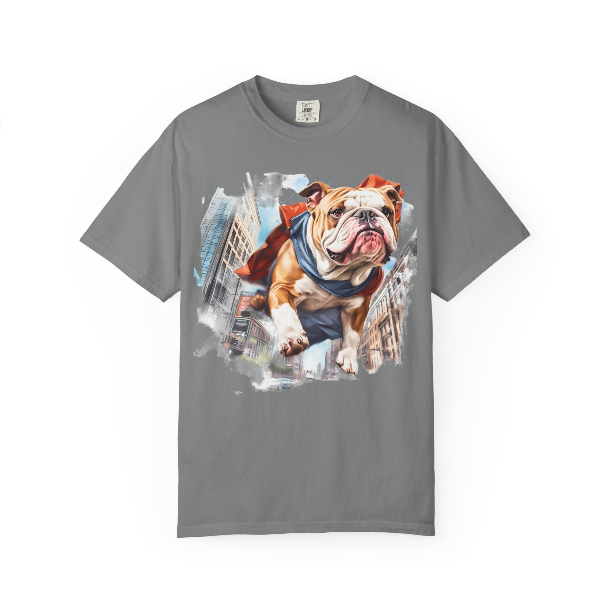 46 Tee - Superhero Bulldog Flying City T-Shirt