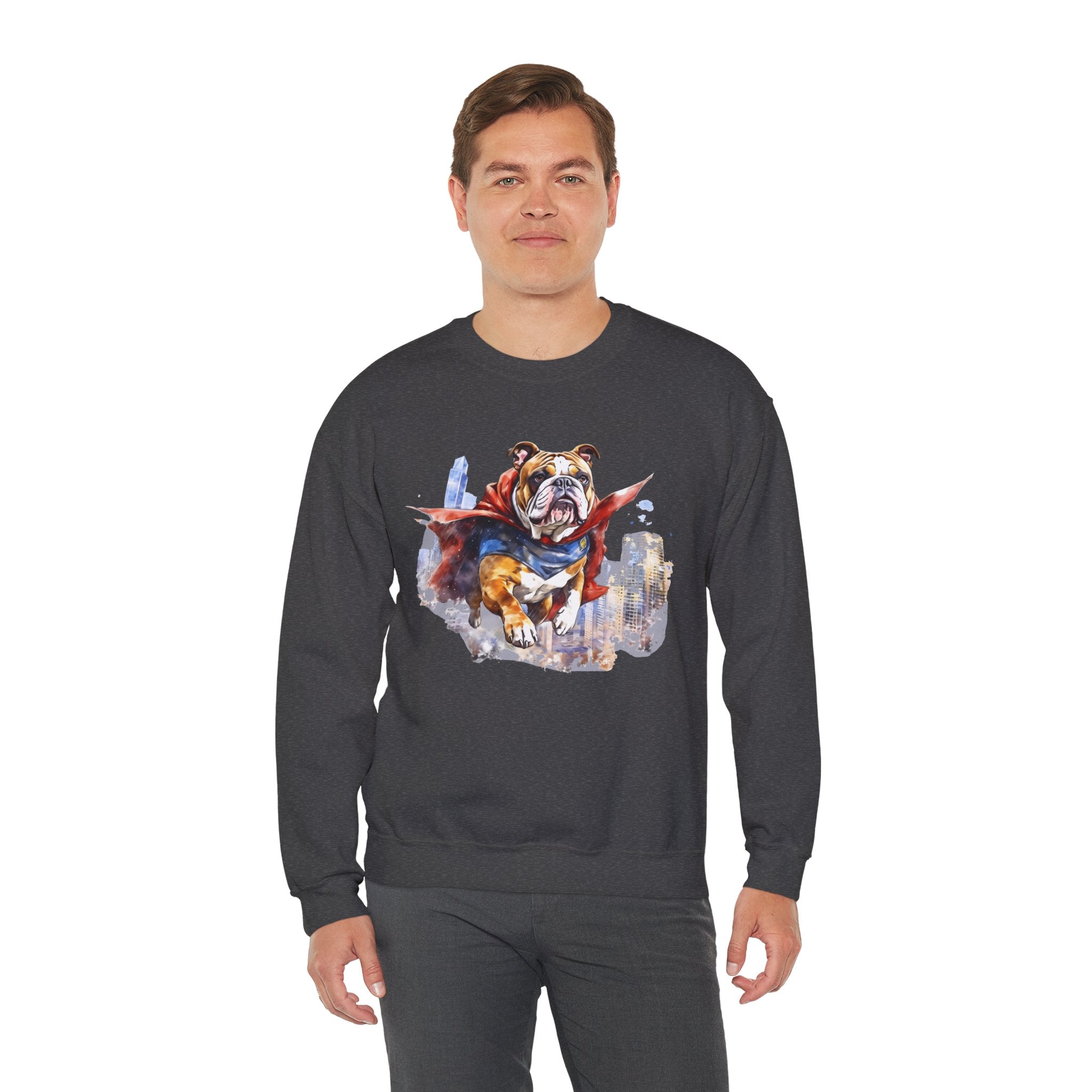 10 Sweatshirt - Superhero Bulldog Flying City Sweatshirt