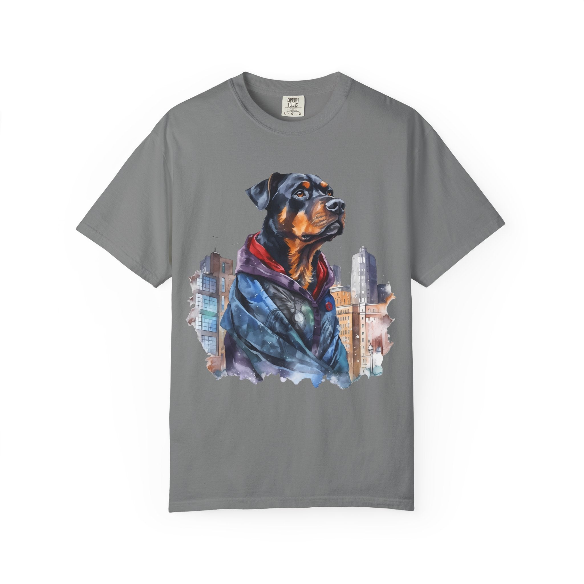 Urban Guardian Rottweiler Tee – Unisex Superhero Dog Graphic T-Shirt