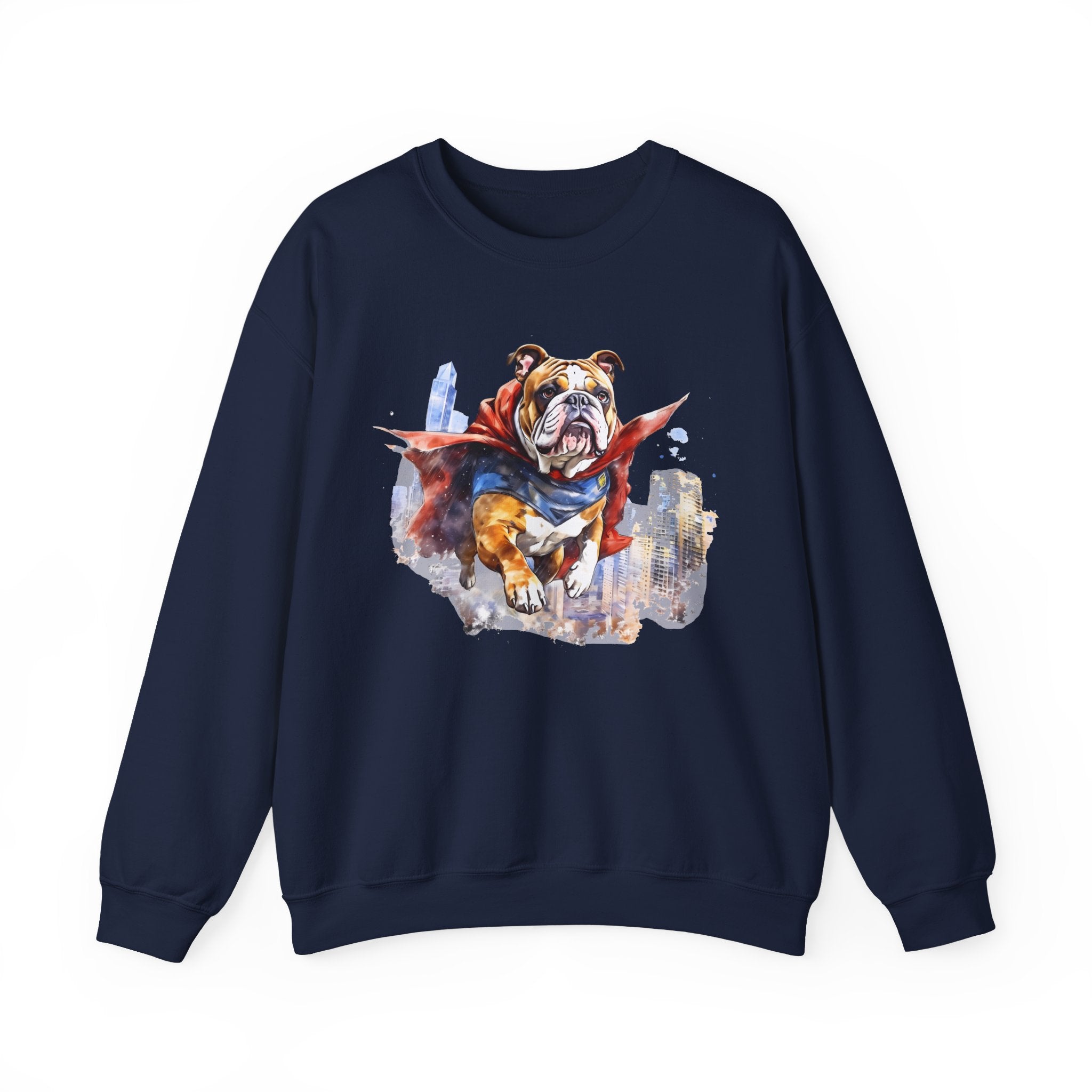 10 Sweatshirt - Superhero Bulldog Flying City Sweatshirt