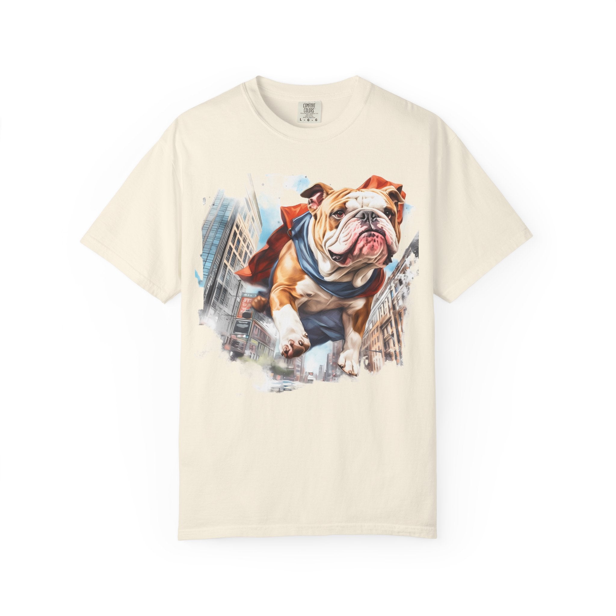 46 Tee - Superhero Bulldog Flying City T-Shirt