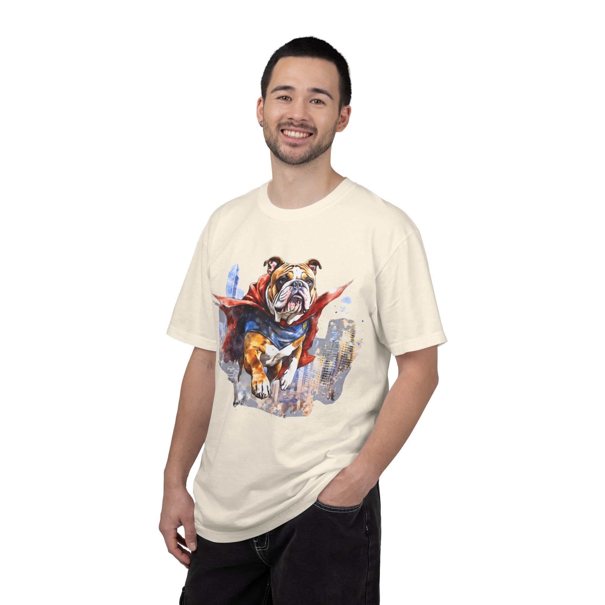 Bulldog City Guardian Tee – Unisex Superhero Dog Graphic T-Shirt