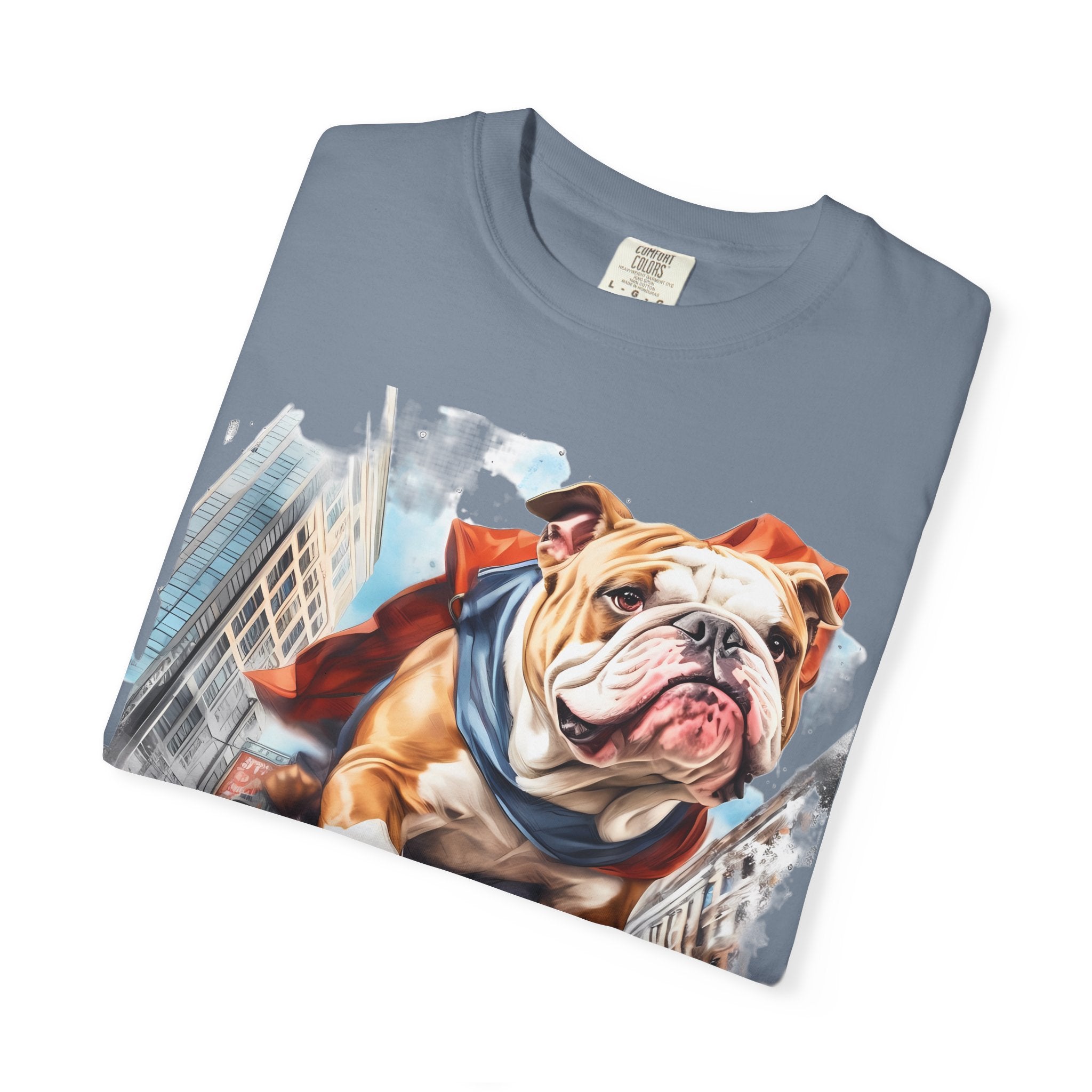 46 Tee - Superhero Bulldog Flying City T-Shirt