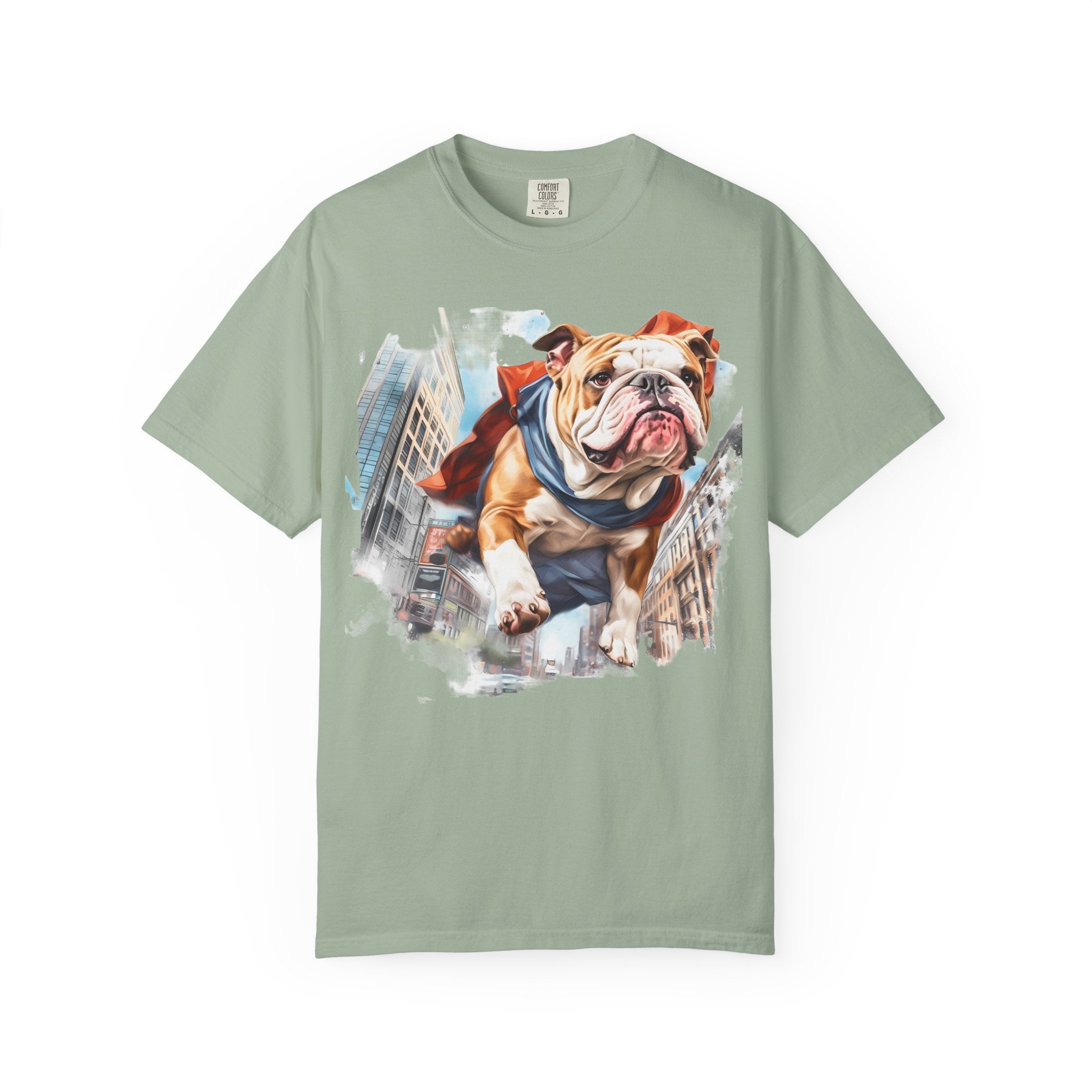46 Tee - Superhero Bulldog Flying City T-Shirt