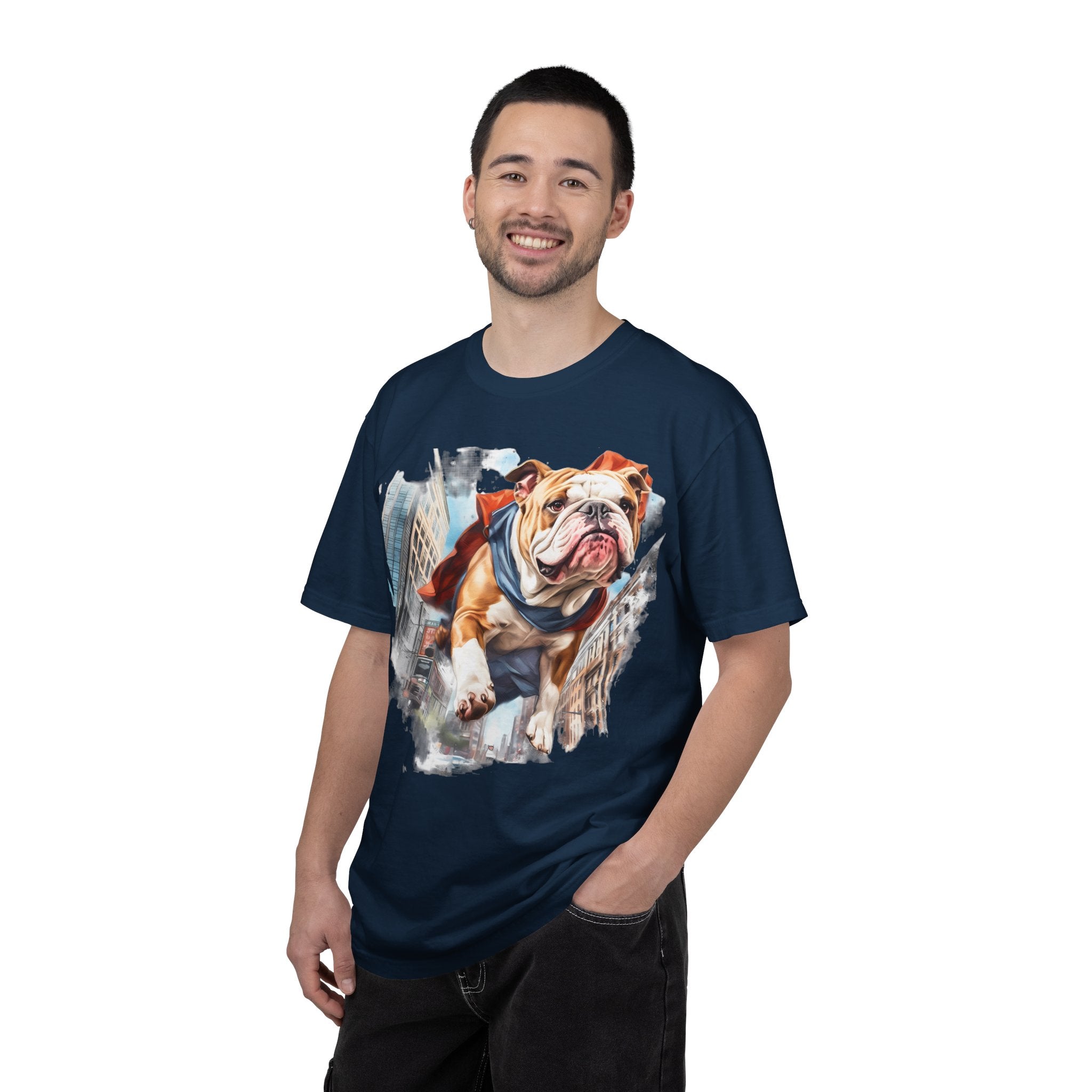 46 Tee - Superhero Bulldog Flying City T-Shirt