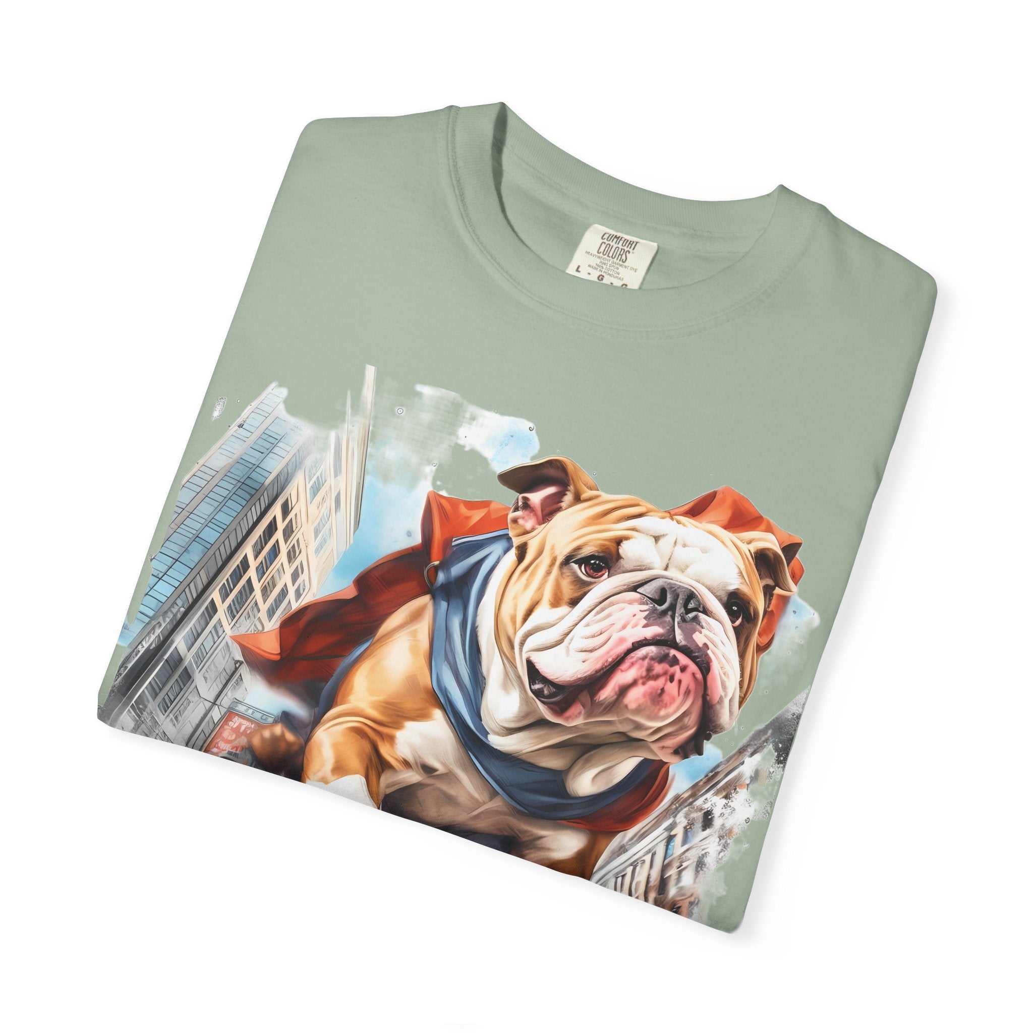 46 Tee - Superhero Bulldog Flying City T-Shirt