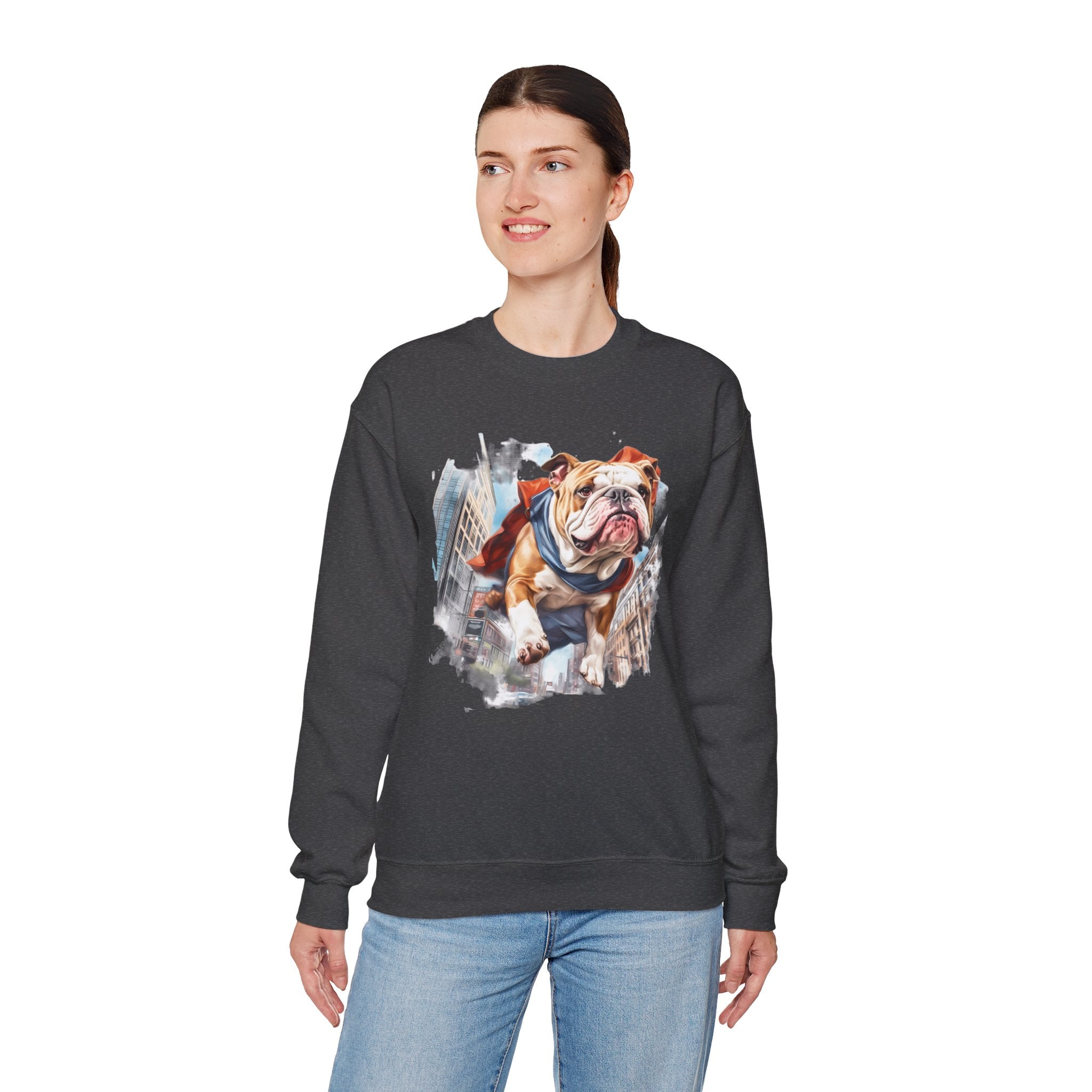 46 Sweatshirt - Bulldog Superhero Sweatshirt | Funny Bulldog Crewneck | Flying Dog Graphic | Cute Chaos Dog Apparel | Wildsyde Apparel
