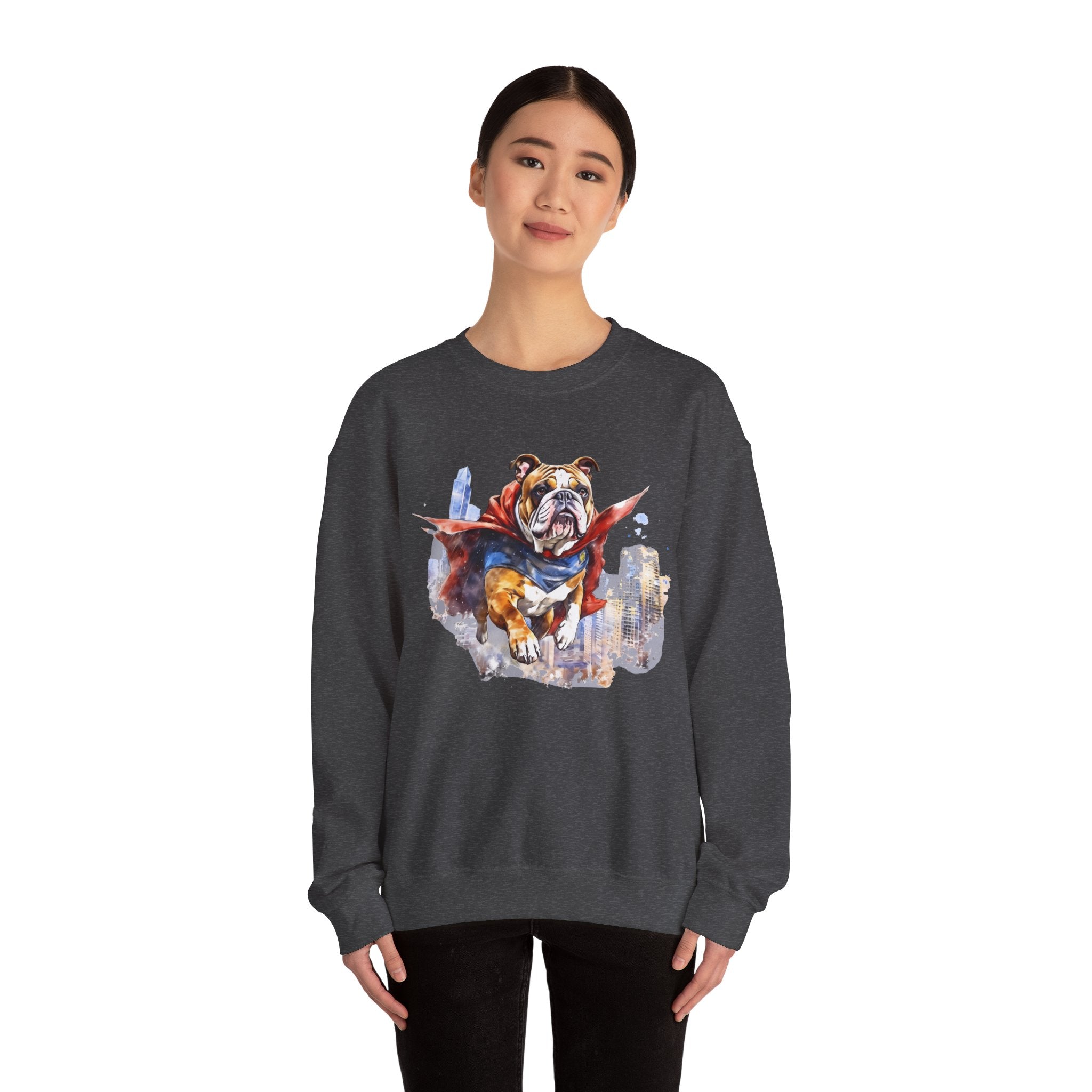 10 Sweatshirt - Superhero Bulldog Flying City Sweatshirt