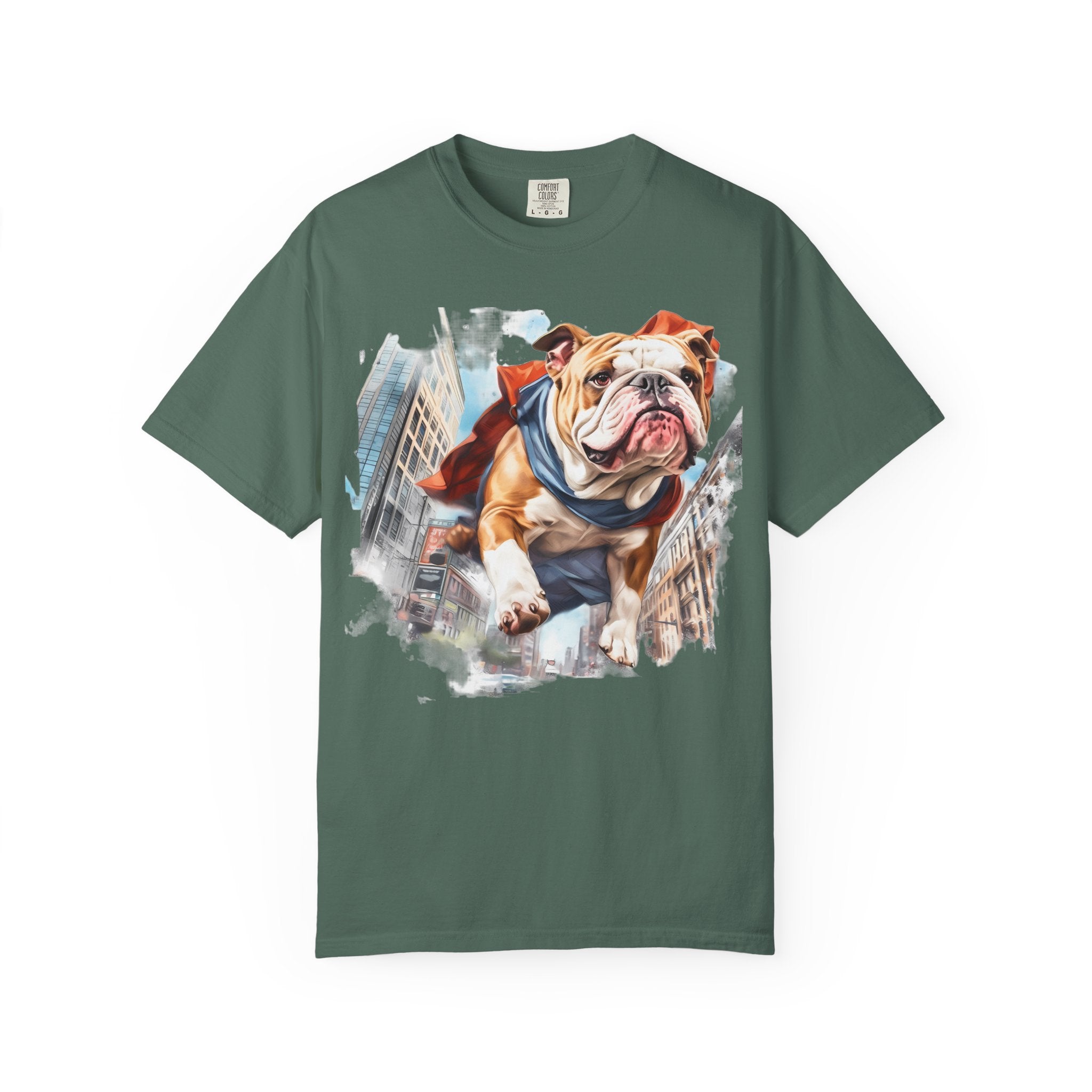 46 Tee - Superhero Bulldog Flying City T-Shirt