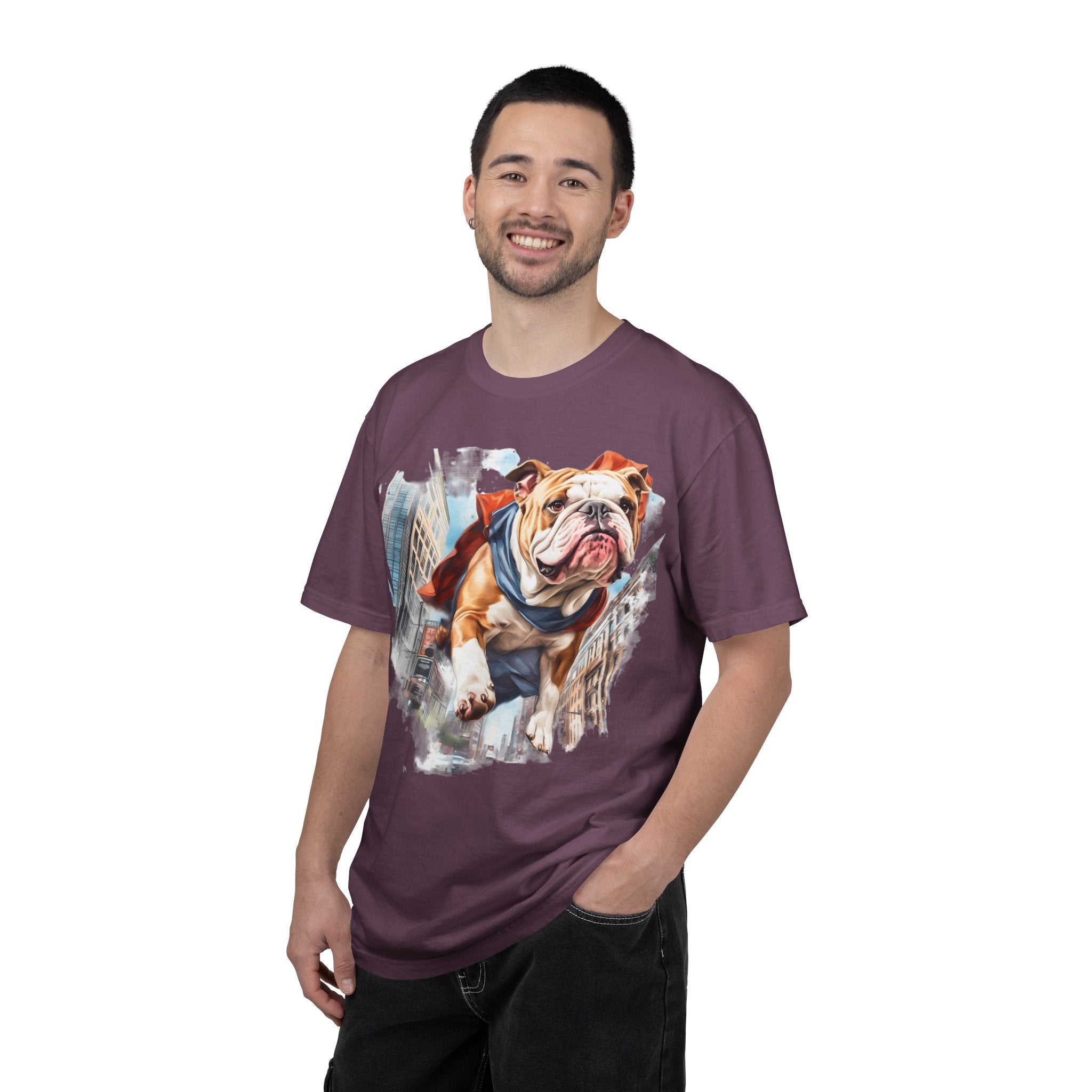46 Tee - Superhero Bulldog Flying City T-Shirt