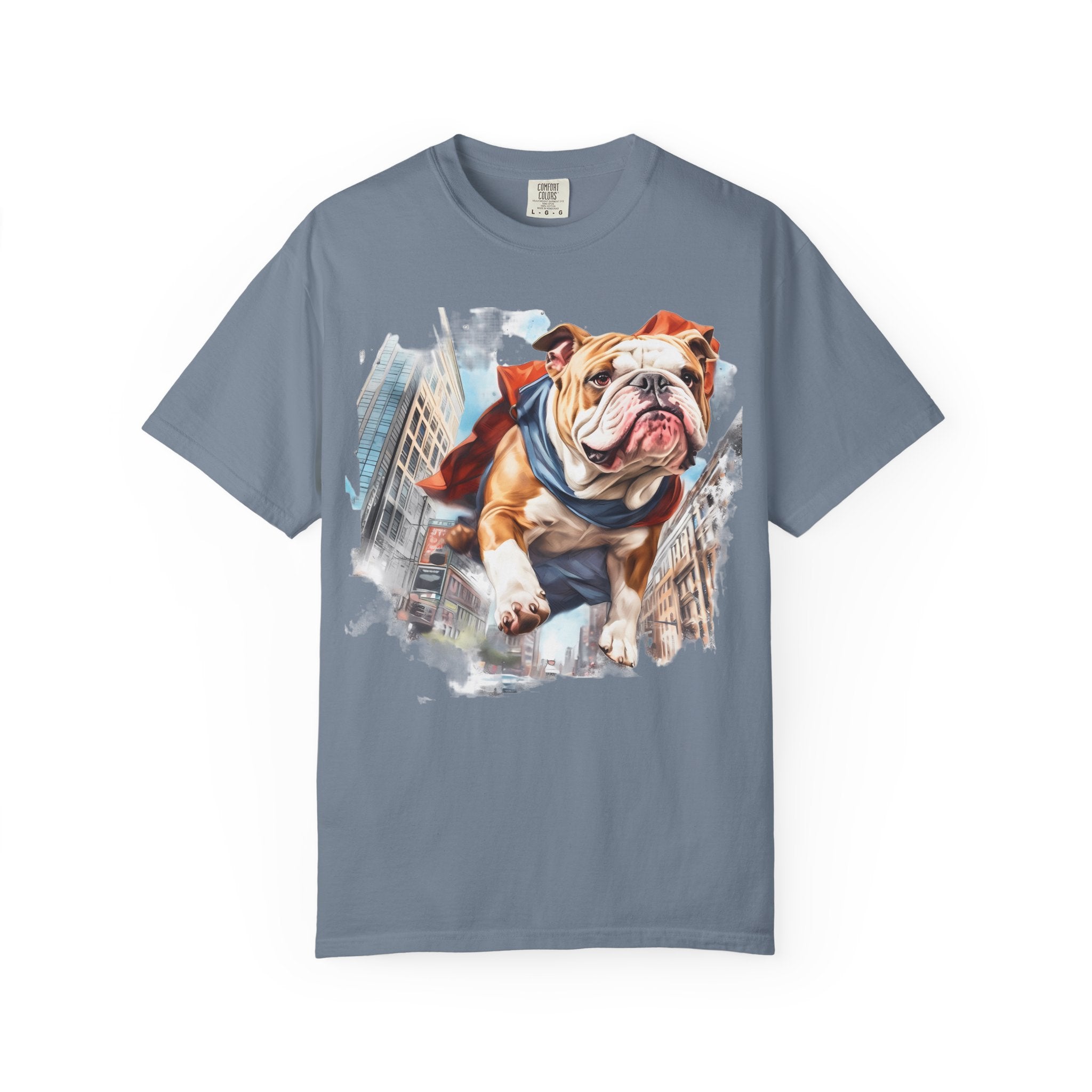 46 Tee - Superhero Bulldog Flying City T-Shirt