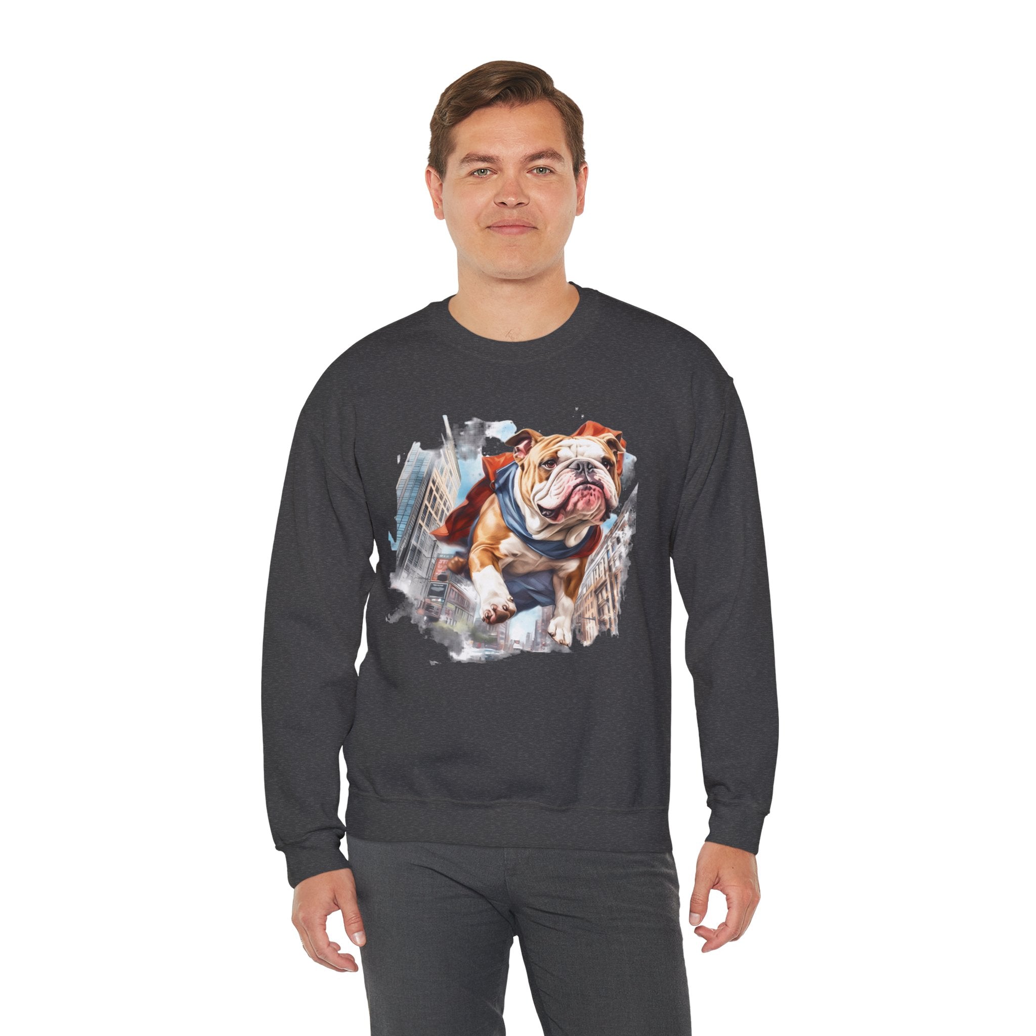 46 Sweatshirt - Bulldog Superhero Sweatshirt | Funny Bulldog Crewneck | Flying Dog Graphic | Cute Chaos Dog Apparel | Wildsyde Apparel