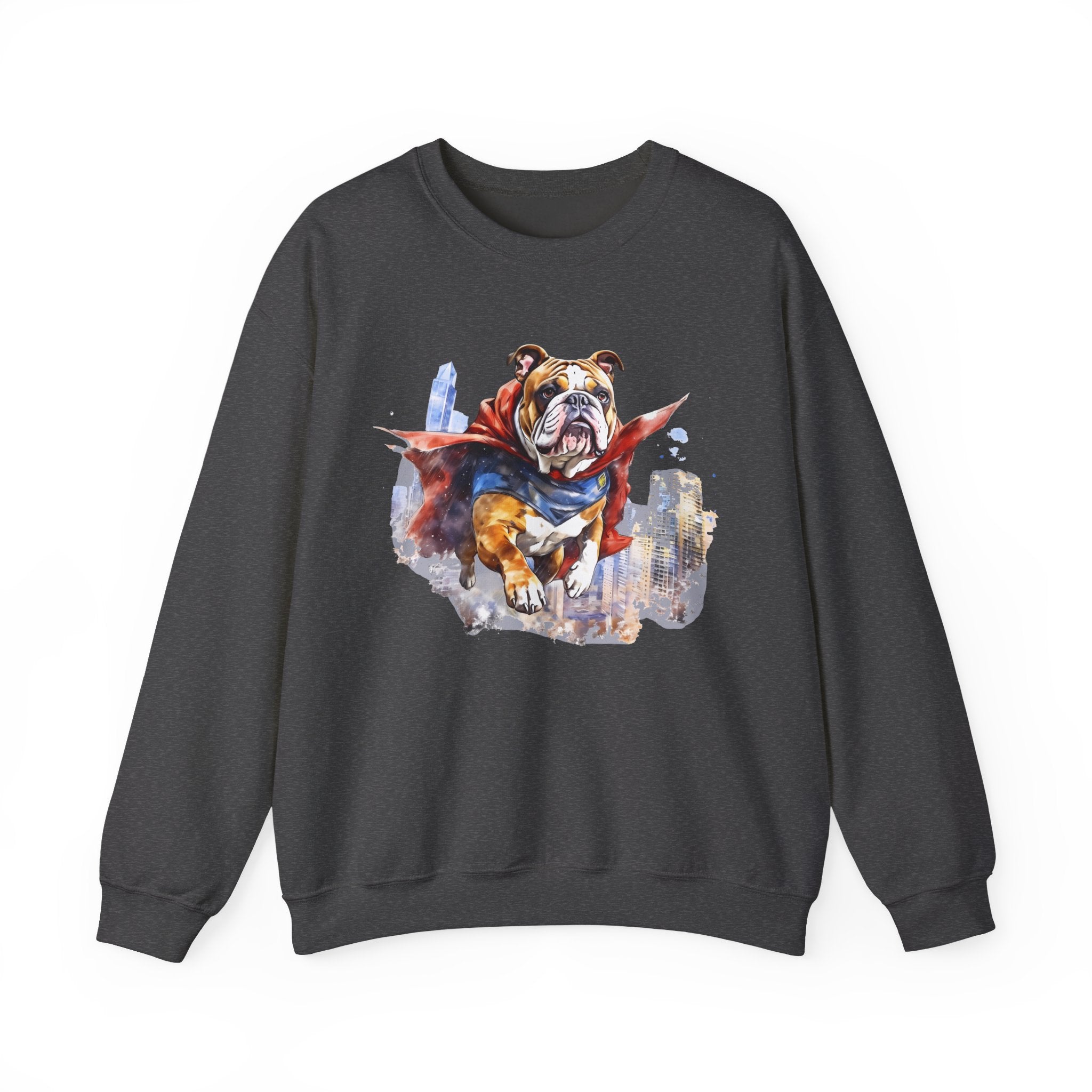 10 Sweatshirt - Superhero Bulldog Flying City Sweatshirt