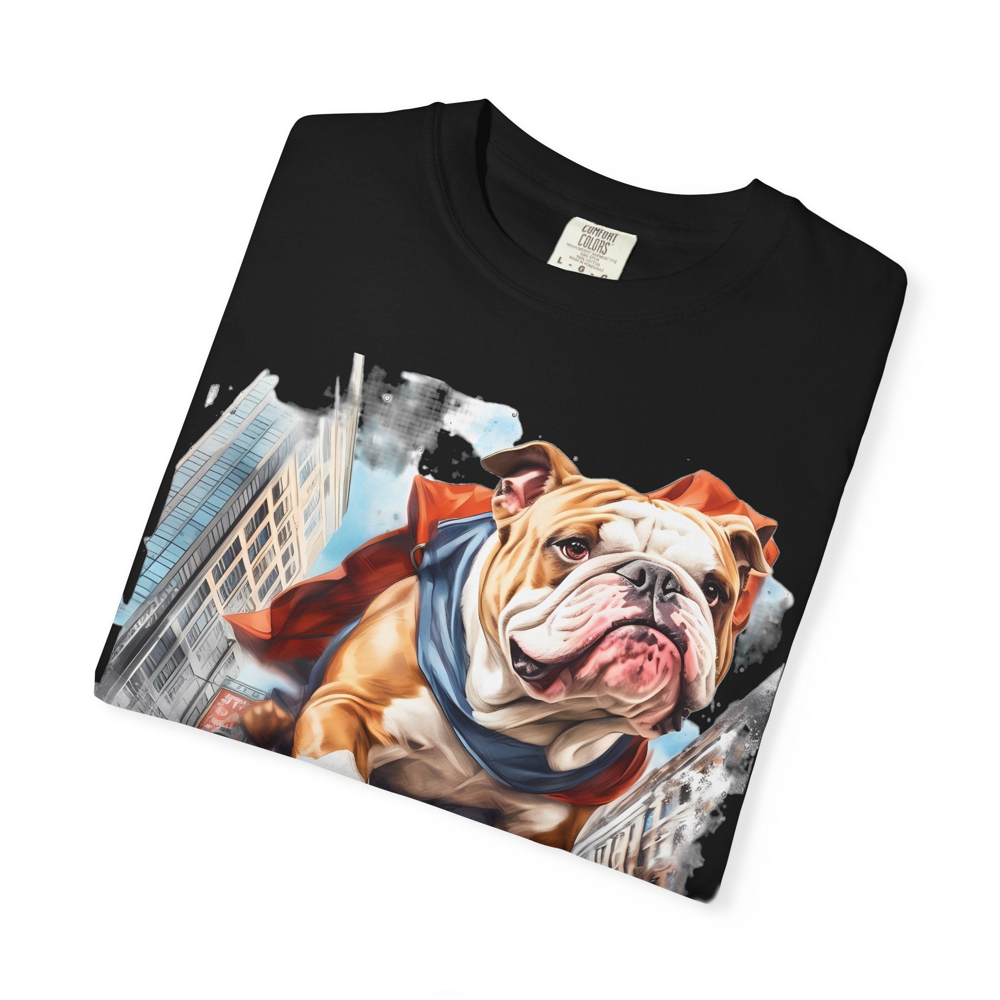 46 Tee - Superhero Bulldog Flying City T-Shirt