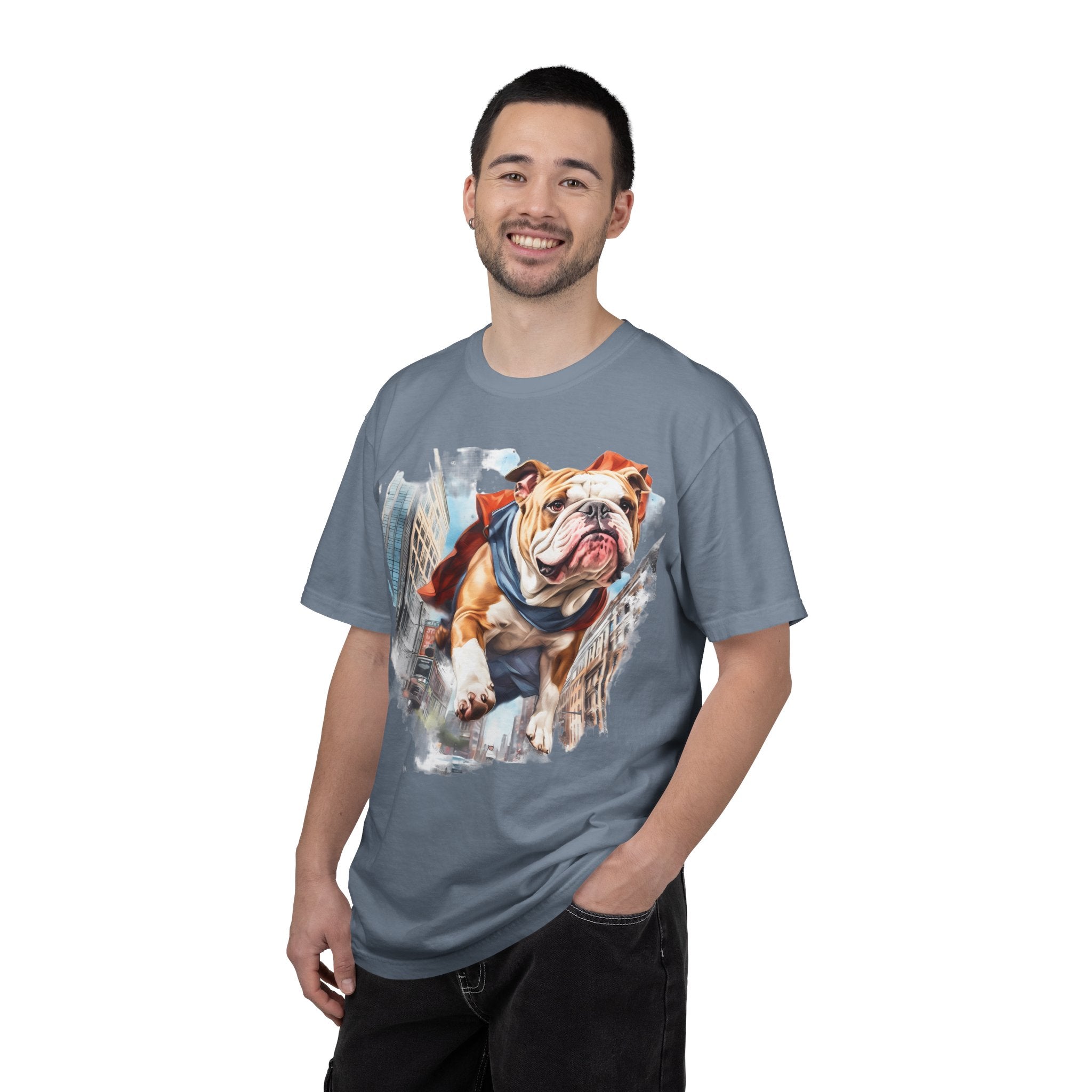 46 Tee - Superhero Bulldog Flying City T-Shirt
