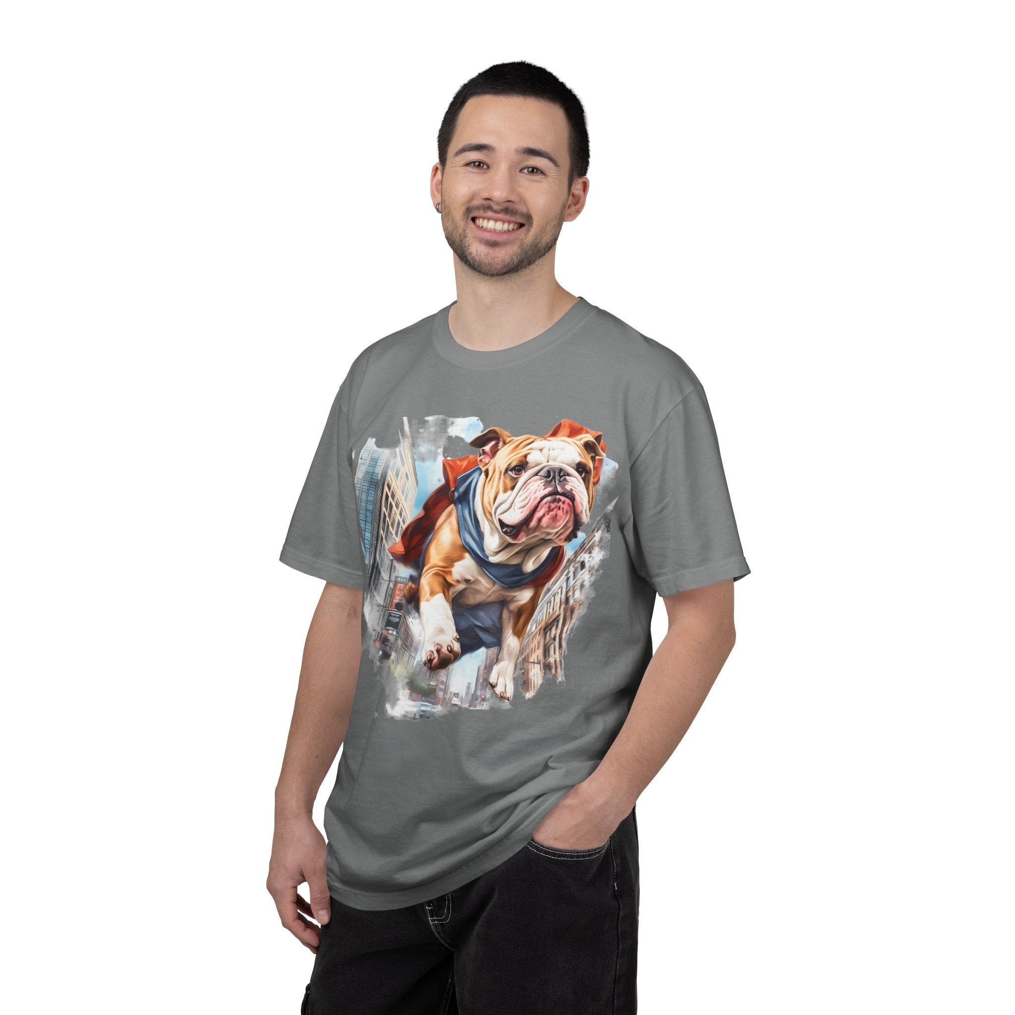 46 Tee - Superhero Bulldog Flying City T-Shirt