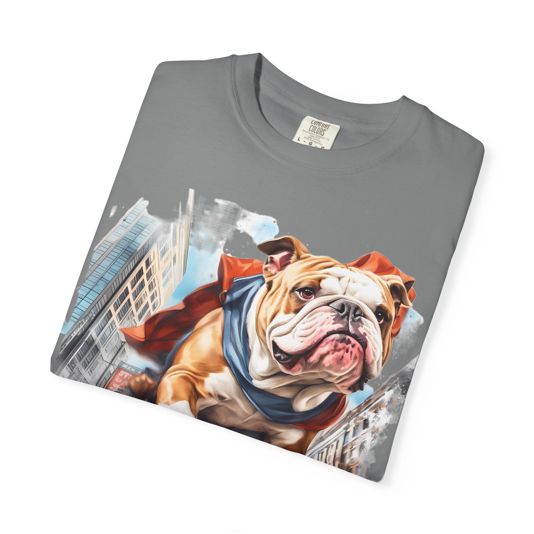 46 Tee - Superhero Bulldog Flying City T-Shirt